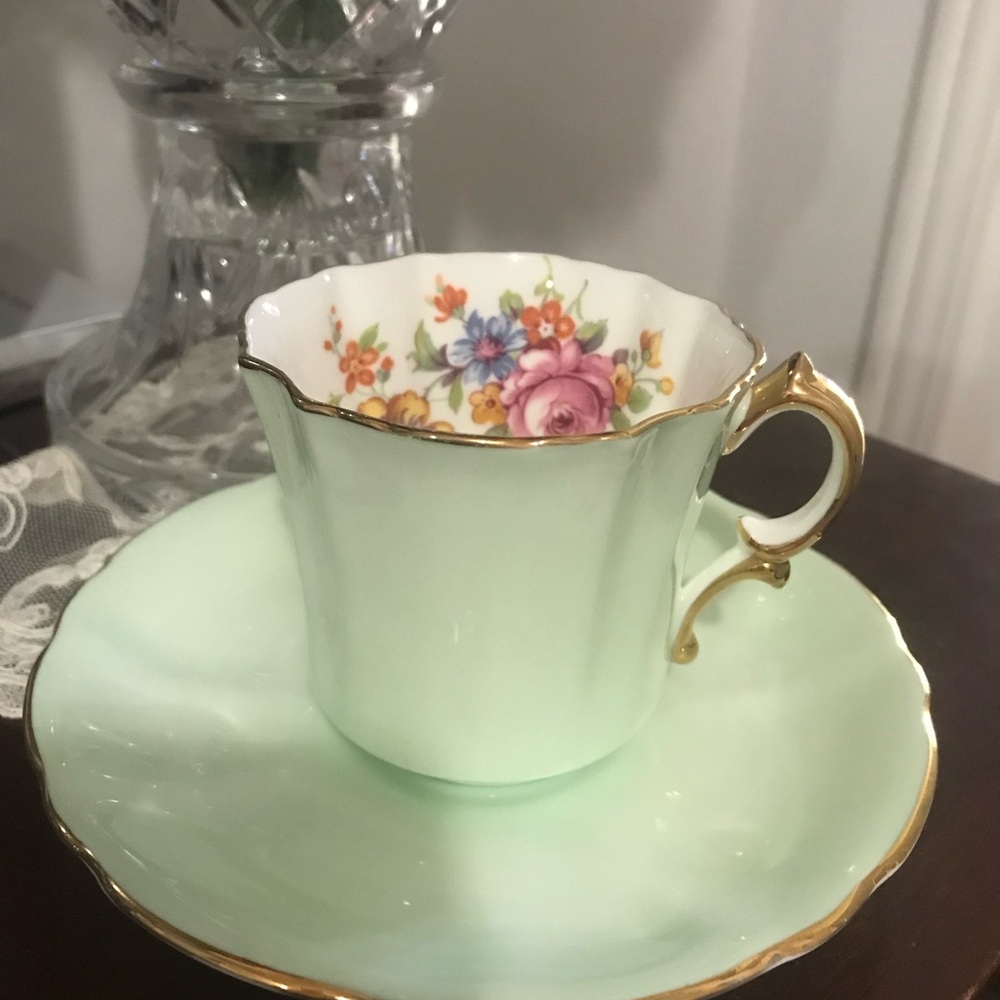 Vintage Hammersley Mint Green Porcelain Teacup and Saucer with Gold Trim